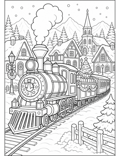 Christmas Train Through A Snowy Village printable coloring page from the christmas coloring pages collection