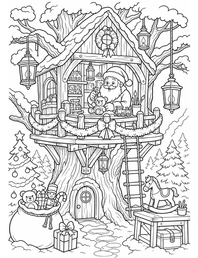 Christmas Treehouse Workshop With Lanterns printable coloring page from the christmas coloring pages collection