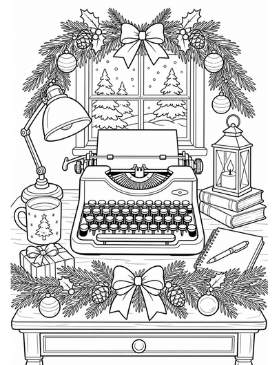 Christmas Typewriter Desk With Pine Garland printable coloring page from the christmas coloring pages collection