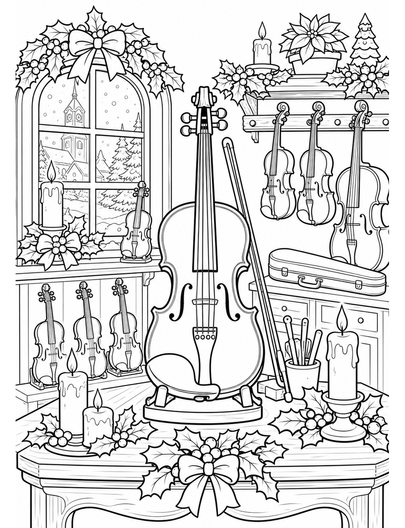 Christmas Violin Shop With Candles And Holly printable coloring page from the christmas coloring pages collection