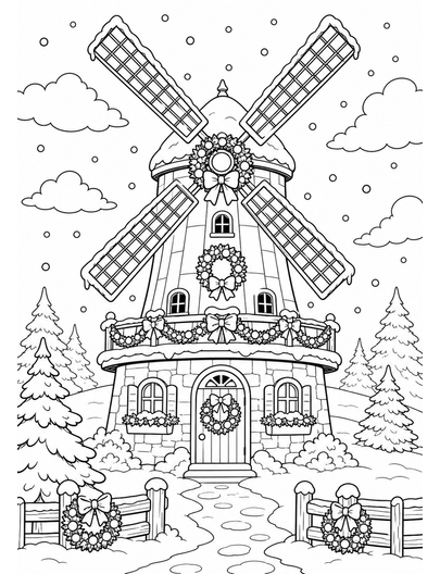 Christmas Windmill With Wreaths And Snow printable coloring page from the christmas coloring pages collection