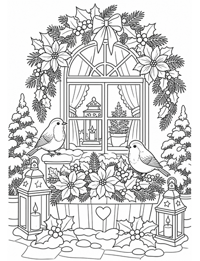 Christmas Window Garden With Robins And Lanterns printable coloring page from the christmas coloring pages collection
