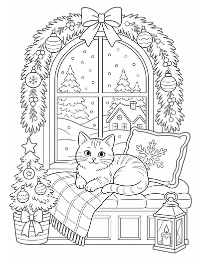 Christmas Window Seat With Cat And Garland printable coloring page from the christmas coloring pages collection