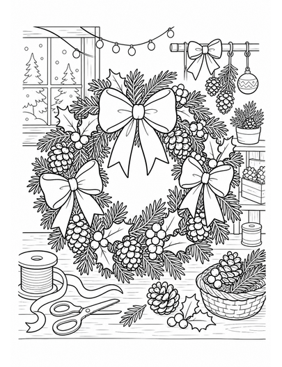 Christmas Wreath Workshop With Bows And Pinecones printable coloring page from the christmas coloring pages collection