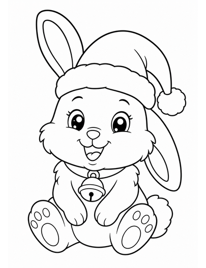 Cute Bunny In A Santa Hat With A Bell printable coloring page from the christmas coloring pages collection