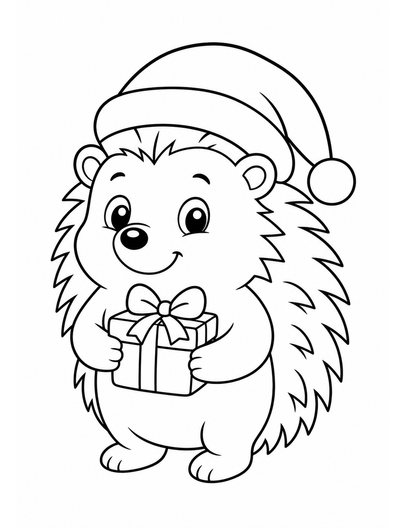 Festive Hedgehog Carrying A Tiny Present printable coloring page from the christmas coloring pages collection