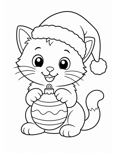 Kitten Wearing Santa Hat Holding An Ornament printable coloring page from the christmas coloring pages collection