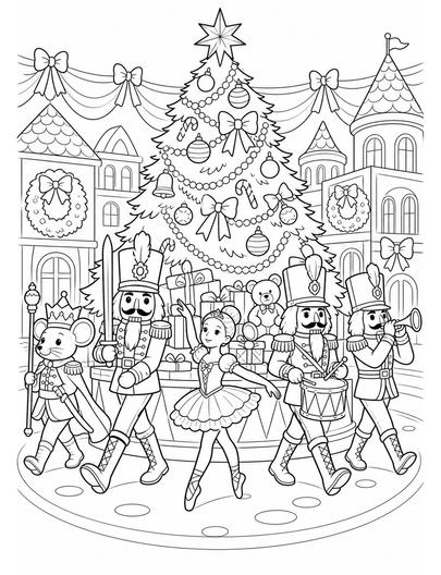 Nutcracker Parade Around A Christmas Tree printable coloring page from the christmas coloring pages collection