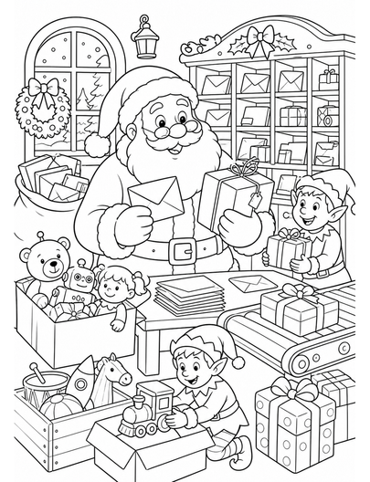 Santa Workshop Mailroom With Toy Parcels printable coloring page from the christmas coloring pages collection