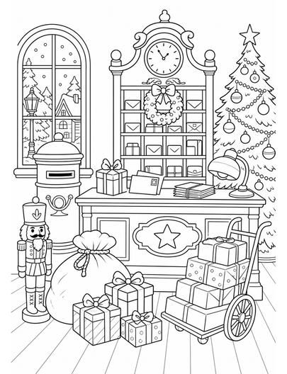 Vintage Christmas Post Office With Parcels printable coloring page from the christmas coloring pages collection