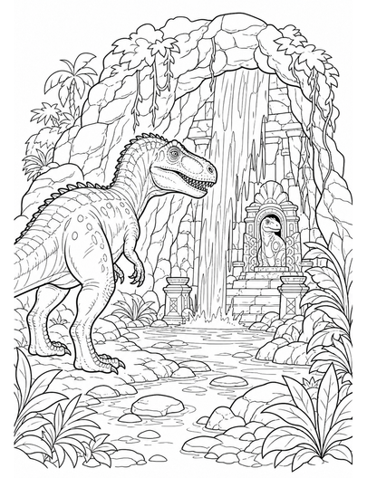 Allosaurus Discovering A Hidden Waterfall Shrine printable coloring page from the dinosaur coloring pages collection