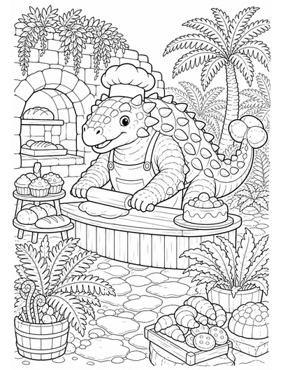 Ankylosaurus Bakery In A Fern Courtyard printable coloring page from the dinosaur coloring pages collection