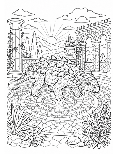 Ankylosaurus Mosaic Courtyard At Dawn printable coloring page from the dinosaur coloring pages collection