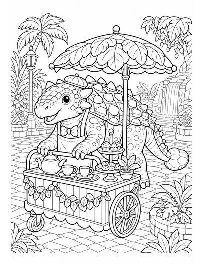 Ankylosaurus Tea Cart In Rainforest Plaza printable coloring page from the dinosaur coloring pages collection