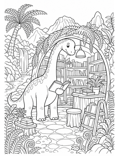 Apatosaurus Bookshop In Fern Valley printable coloring page from the dinosaur coloring pages collection