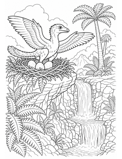 Archaeopteryx Nest Above Fern Waterfall printable coloring page from the dinosaur coloring pages collection