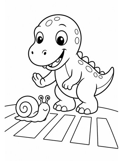Baby T-Rex Helping A Snail Cross A Path printable coloring page from the dinosaur coloring pages collection
