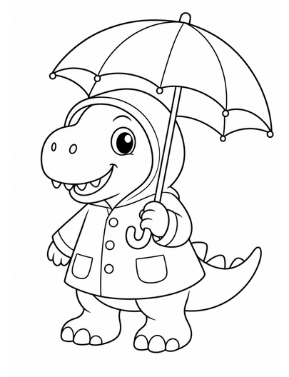 Baby T-Rex Wearing A Raincoat With Umbrella printable coloring page from the dinosaur coloring pages collection