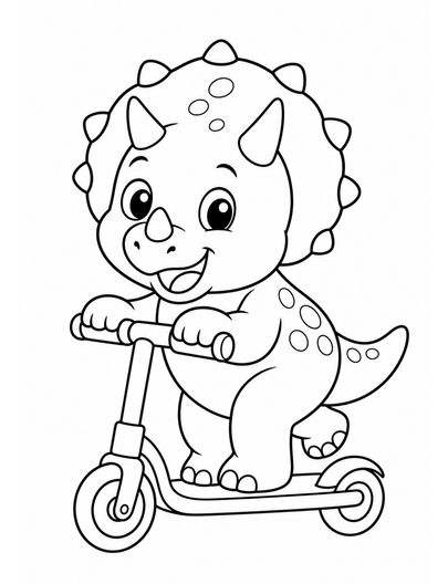Baby Triceratops Riding A Scooter printable coloring page from the dinosaur coloring pages collection