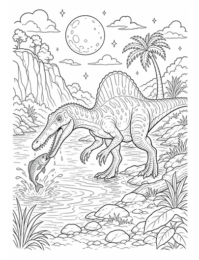 Baryonyx Fishing At Moonlit Riverbend printable coloring page from the dinosaur coloring pages collection