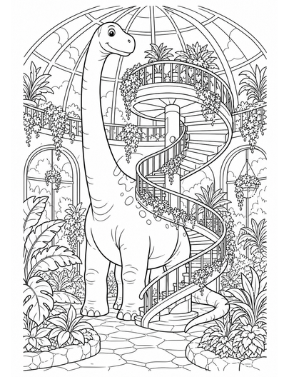 Brachiosaurus Greenhouse Spiral Staircase printable coloring page from the dinosaur coloring pages collection