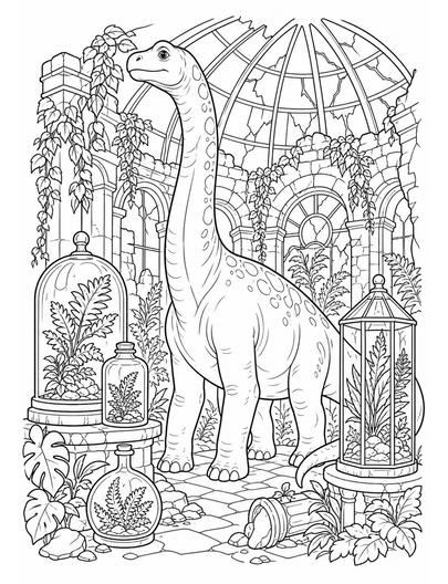 Brachiosaurus Herbarium In Glasshouse Ruins printable coloring page from the dinosaur coloring pages collection