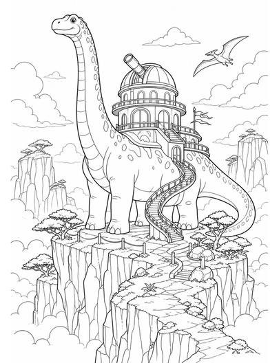 Brachiosaurus Observatory Above Misty Cliffs printable coloring page from the dinosaur coloring pages collection