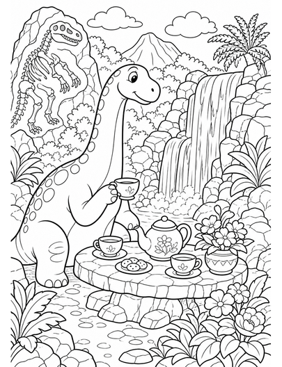 Brachiosaurus Tea Garden Beside Fossil Falls printable coloring page from the dinosaur coloring pages collection
