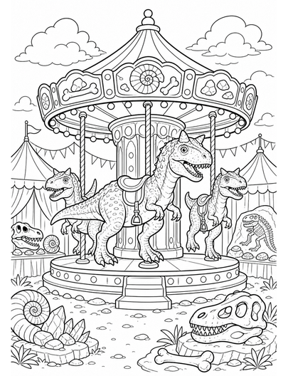 Carnotaurus Carousel At Fossil Fair printable coloring page from the dinosaur coloring pages collection