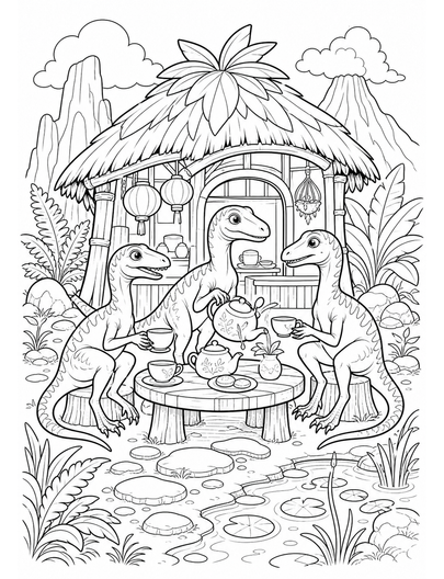 Compsognathus Tea House By Fossil Pond printable coloring page from the dinosaur coloring pages collection