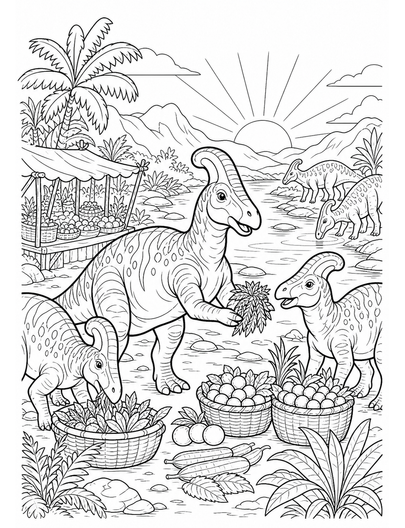 Corythosaurus River Market At Dawn printable coloring page from the dinosaur coloring pages collection