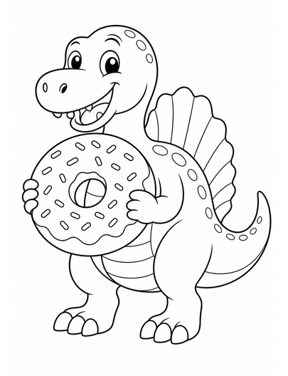 Cute Spinosaurus Holding A Big Donut printable coloring page from the dinosaur coloring pages collection