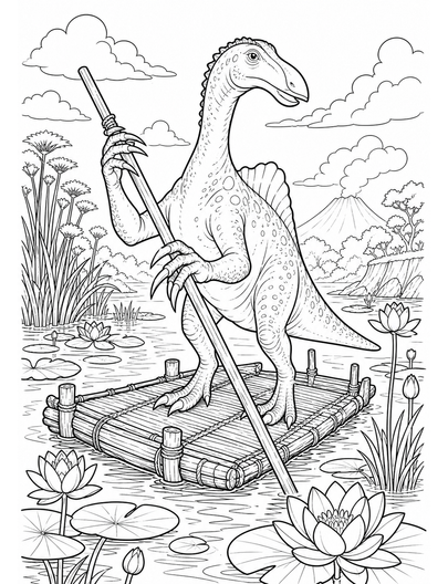 Deinocheirus Ferry At Lotus Marsh printable coloring page from the dinosaur coloring pages collection