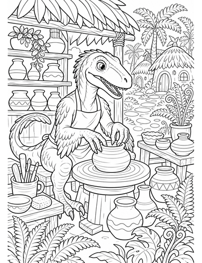 Deinonychus Pottery Studio In Fern Village printable coloring page from the dinosaur coloring pages collection