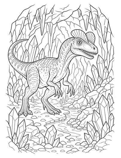 Dilophosaurus Exploring A Crystal Cave printable coloring page from the dinosaur coloring pages collection