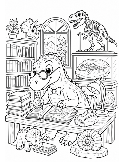 Dino Library Study With Fossil Displays printable coloring page from the dinosaur coloring pages collection