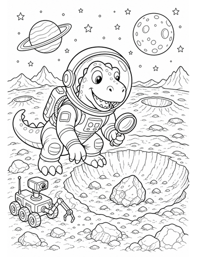 Dinosaur Astronaut Exploring A Moon Crater printable coloring page from the dinosaur coloring pages collection