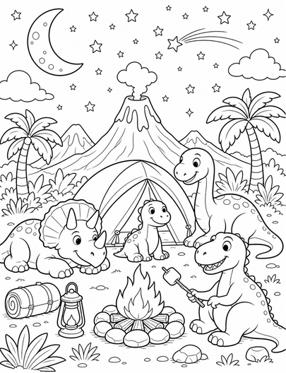 Dinosaur Camping Under A Starry Sky printable coloring page from the dinosaur coloring pages collection