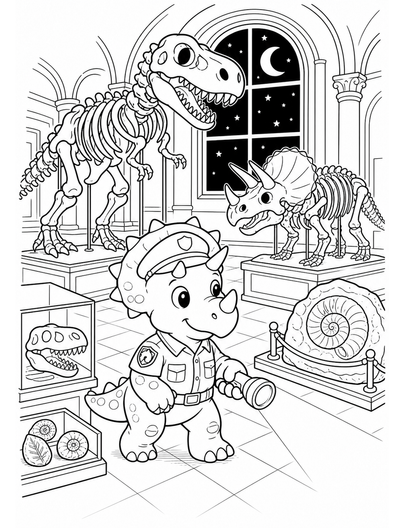Dinosaur Fossil Museum Night Patrol printable coloring page from the dinosaur coloring pages collection