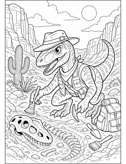 Fossil Hunter Velociraptor In Desert Canyon printable coloring page from the dinosaur coloring pages collection