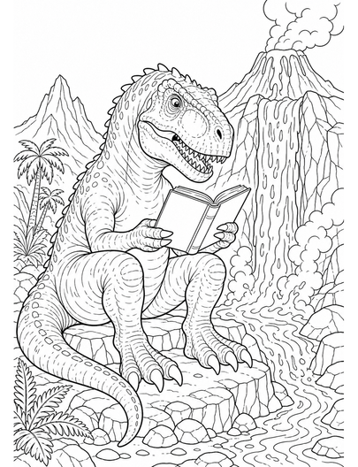 Giganotosaurus Reading By A Lava Waterfall printable coloring page from the dinosaur coloring pages collection