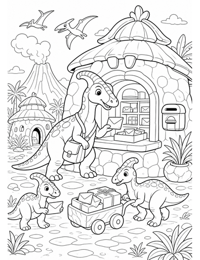 Hadrosaur Post Office In Prehistoric Town printable coloring page from the dinosaur coloring pages collection
