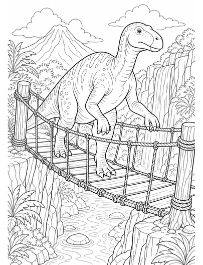 Iguanodon Crossing A Rope Bridge printable coloring page from the dinosaur coloring pages collection