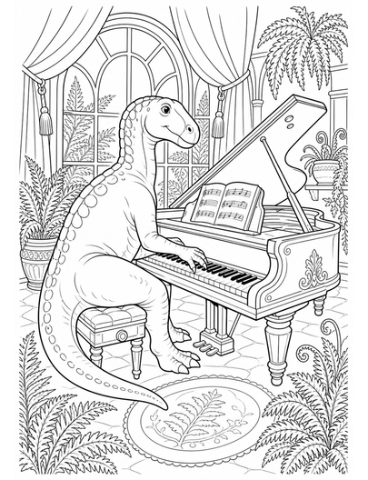 Iguanodon Piano Room In Fern Manor printable coloring page from the dinosaur coloring pages collection