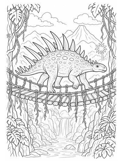 Kentrosaurus Crossing A Hanging Vine Bridge printable coloring page from the dinosaur coloring pages collection