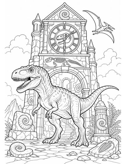 Megalosaurus In A Fossil Clock Tower printable coloring page from the dinosaur coloring pages collection