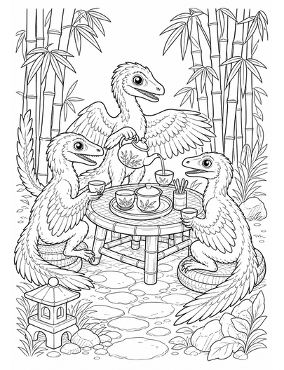 Microraptor Tea Table In Bamboo Grove printable coloring page from the dinosaur coloring pages collection