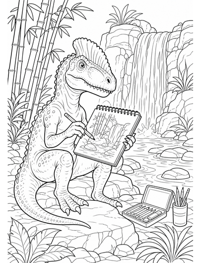 Monolophosaurus Sketching At Bamboo Falls printable coloring page from the dinosaur coloring pages collection