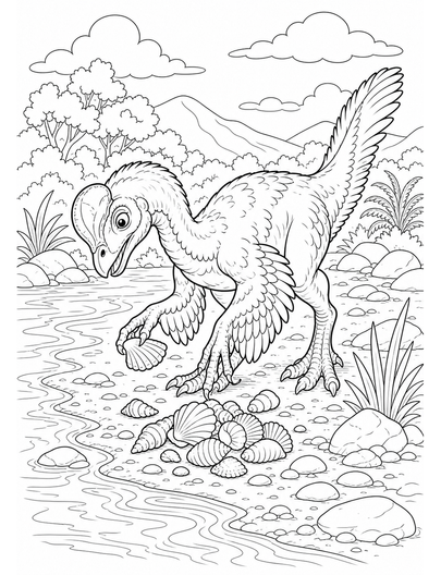 Oviraptor Collecting Shells By Riverbank printable coloring page from the dinosaur coloring pages collection