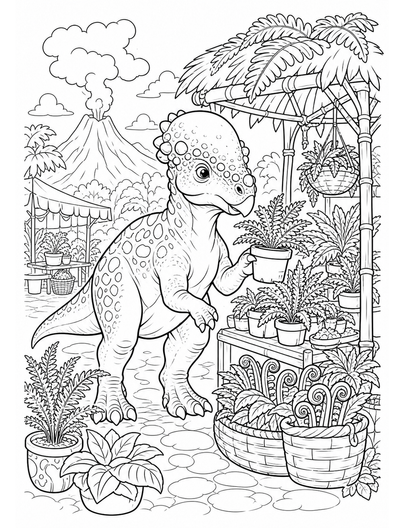 Pachycephalosaurus At The Fern Market printable coloring page from the dinosaur coloring pages collection